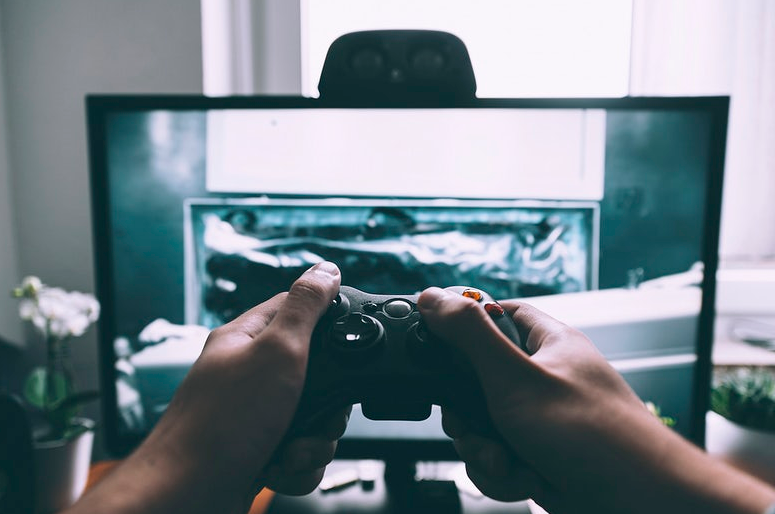 Hands holding a game joystick, in the background a computer monitor with a game and a flower in a pot