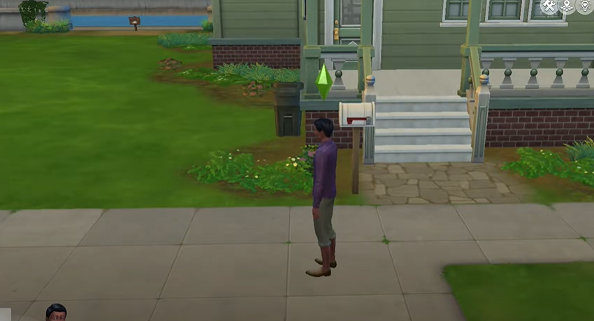 The Sims 4 game featuring a character standing in front of a house