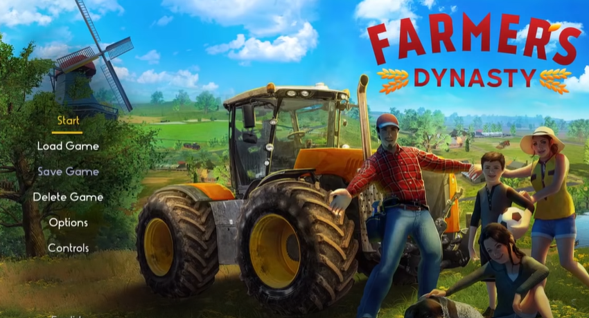 Screenshot of a game farmer's dynasty home screen, featuring a family, a farming truck, and a cultivated field