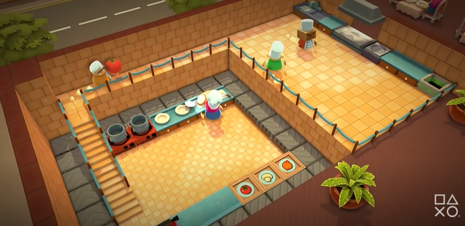A screenshot of the game 'Overcooked' featuring chef characters inside a kitchen