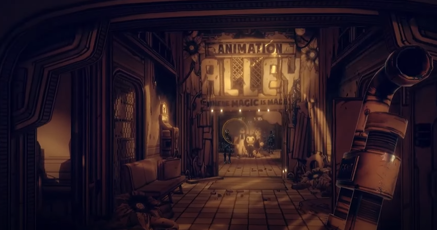 A sepia-themed dark room depicted in a gameplay screenshot of Bendy and the Dark Revival