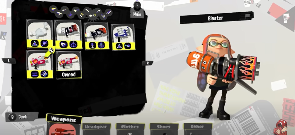 Screenshot of a Splatoon game featuring a character switching between various weapons.