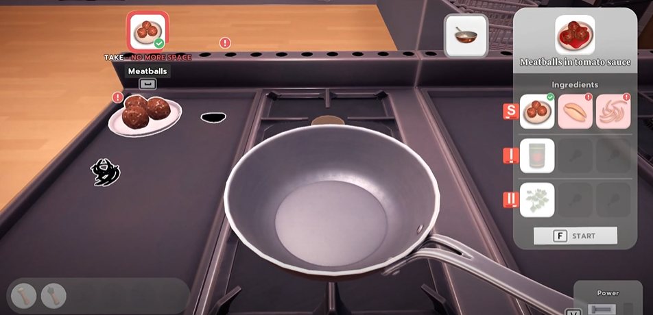 A screenshot of a cooking game showing a pan on the stove, and various ingredients displayed on the right side