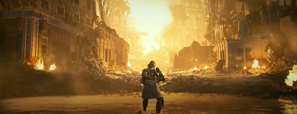 A screenshot depicting gameplay from First Descendant, showcasing a character amidst a fiery urban environment