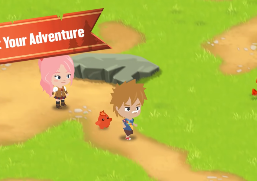 girl with pink hair, boy with brown hair and Glohawk near him on the path among the grass