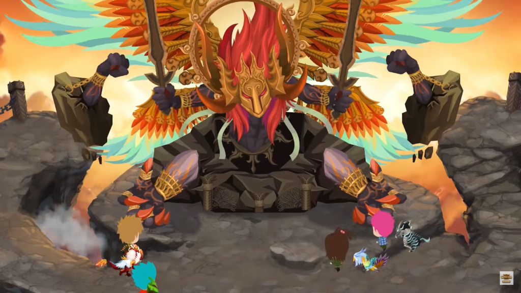 a gameplay battle camp - a character with wings and a mask, other characters stand in front of him on the rock