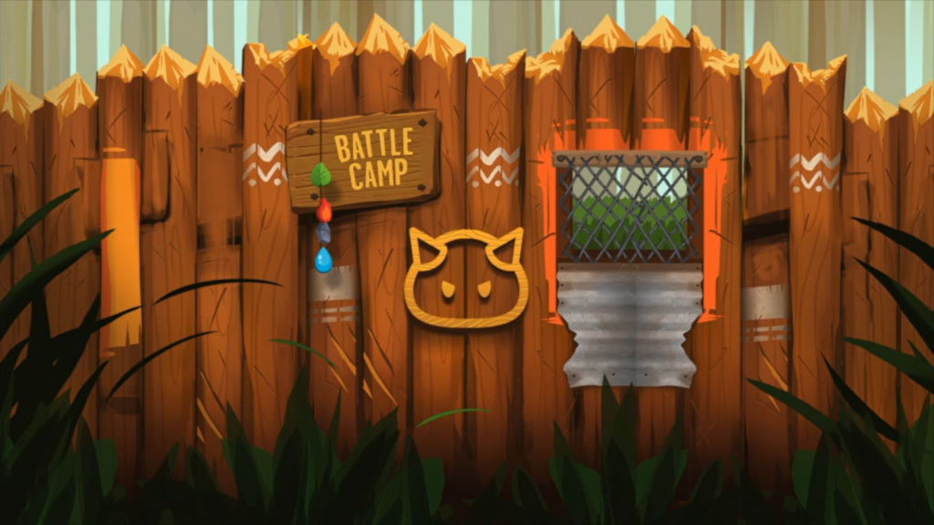 battle camp on wooden fence, cat’s head icon, and a small window on it