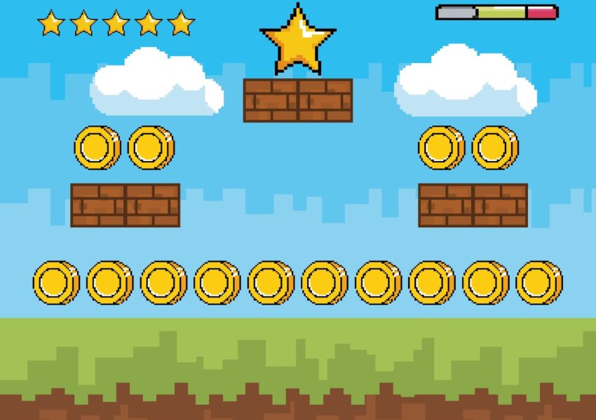 An arcade game with coins and stars