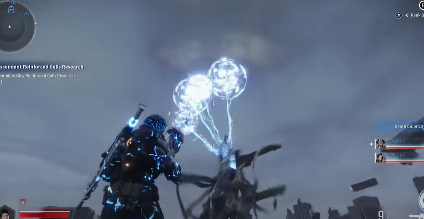A screenshot showcasing gameplay from the first Descendant game on a battlefield